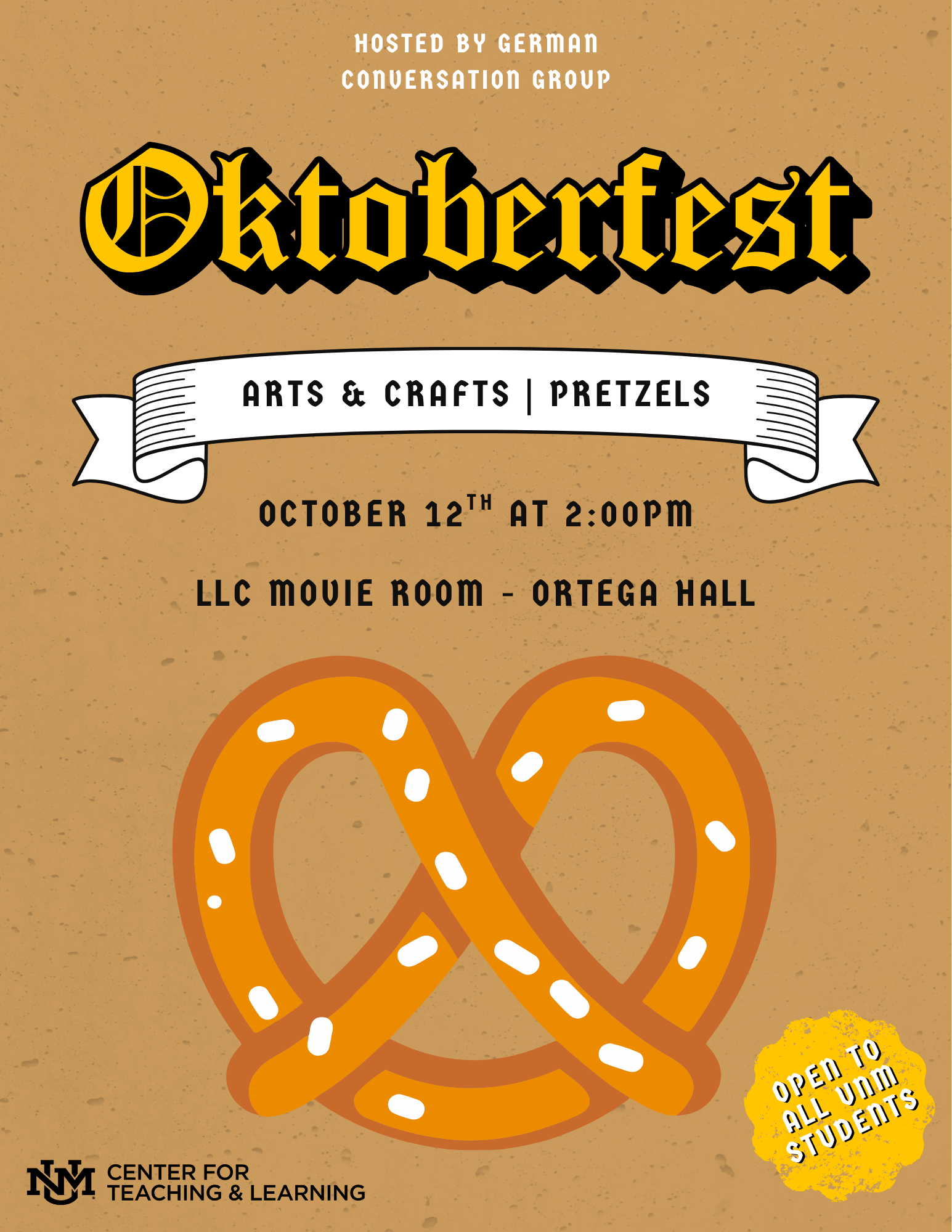Flyer for a German Conversation Group “Oktoberfest” event featuring arts, crafts, and pretzels on October 12 at 2:00 PM in the LLC Movie Room, Ortega Hall. The event is open to all UNM students.