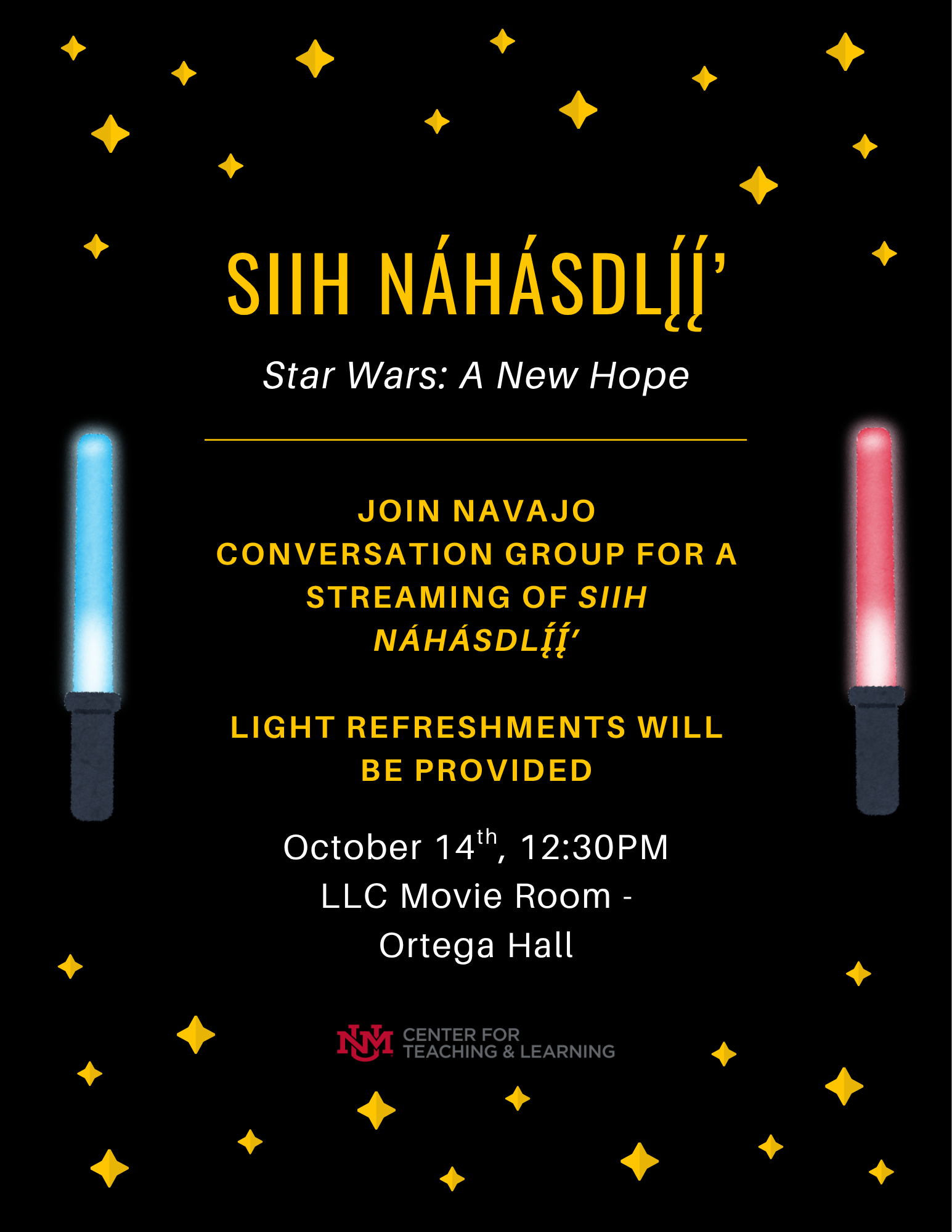 Flyer for a Navajo Conversation Group screening of Star Wars: A New Hope on October 14 at 12:30 PM in the LLC Movie Room, Ortega Hall. Light refreshments will be provided.