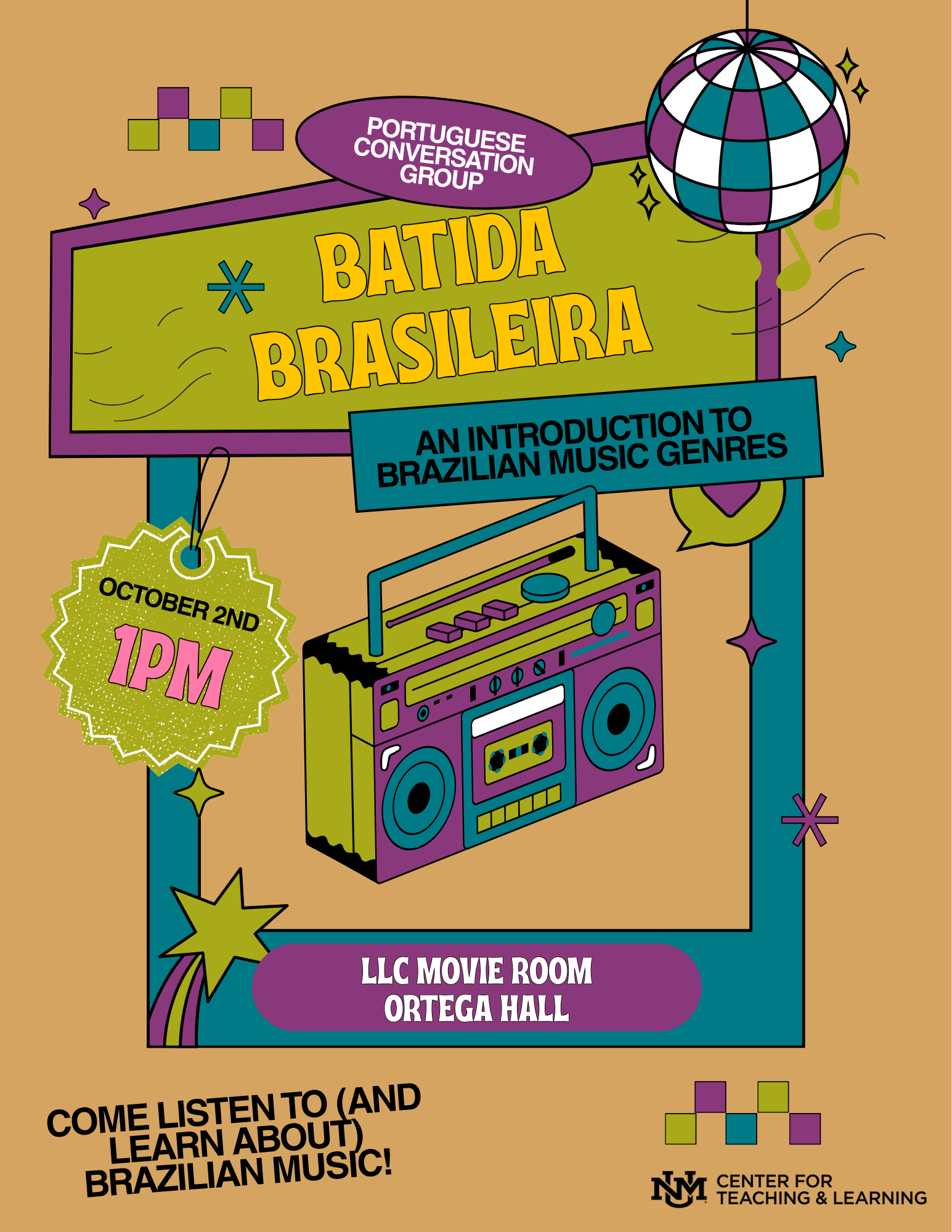 Flyer for a Portuguese Conversation Group event, “Batida Brasileira: An Introduction to Brazilian Music Genres,” on October 2 at 1:00 PM in the LLC Movie Room, Ortega Hall. Participants can listen to and learn about Brazilian music.