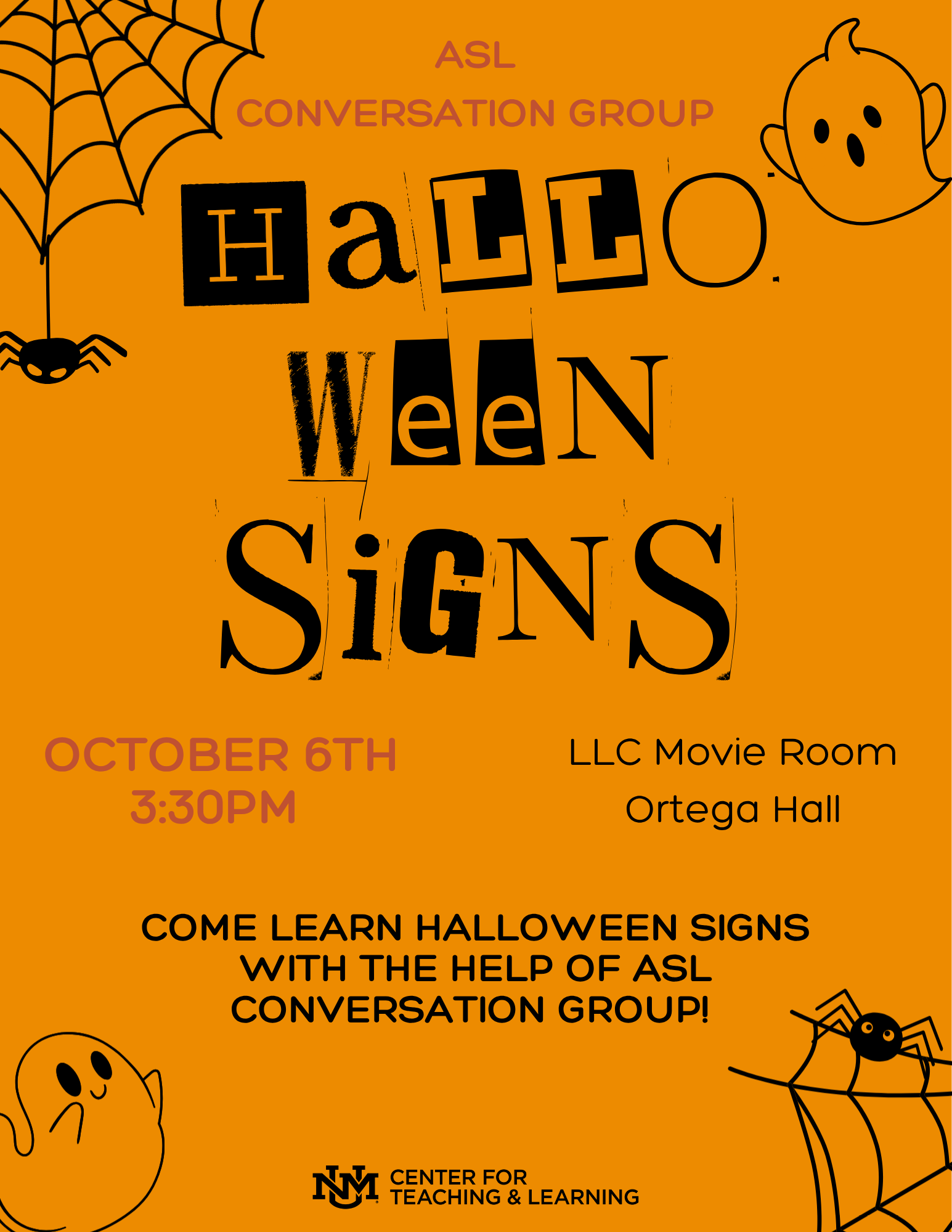 Flyer for an ASL Conversation Group event, “Hello Ween Signs,” on October 6 at 3:30 PM in the LLC Movie Room, Ortega Hall. Participants can learn Halloween signs in ASL.