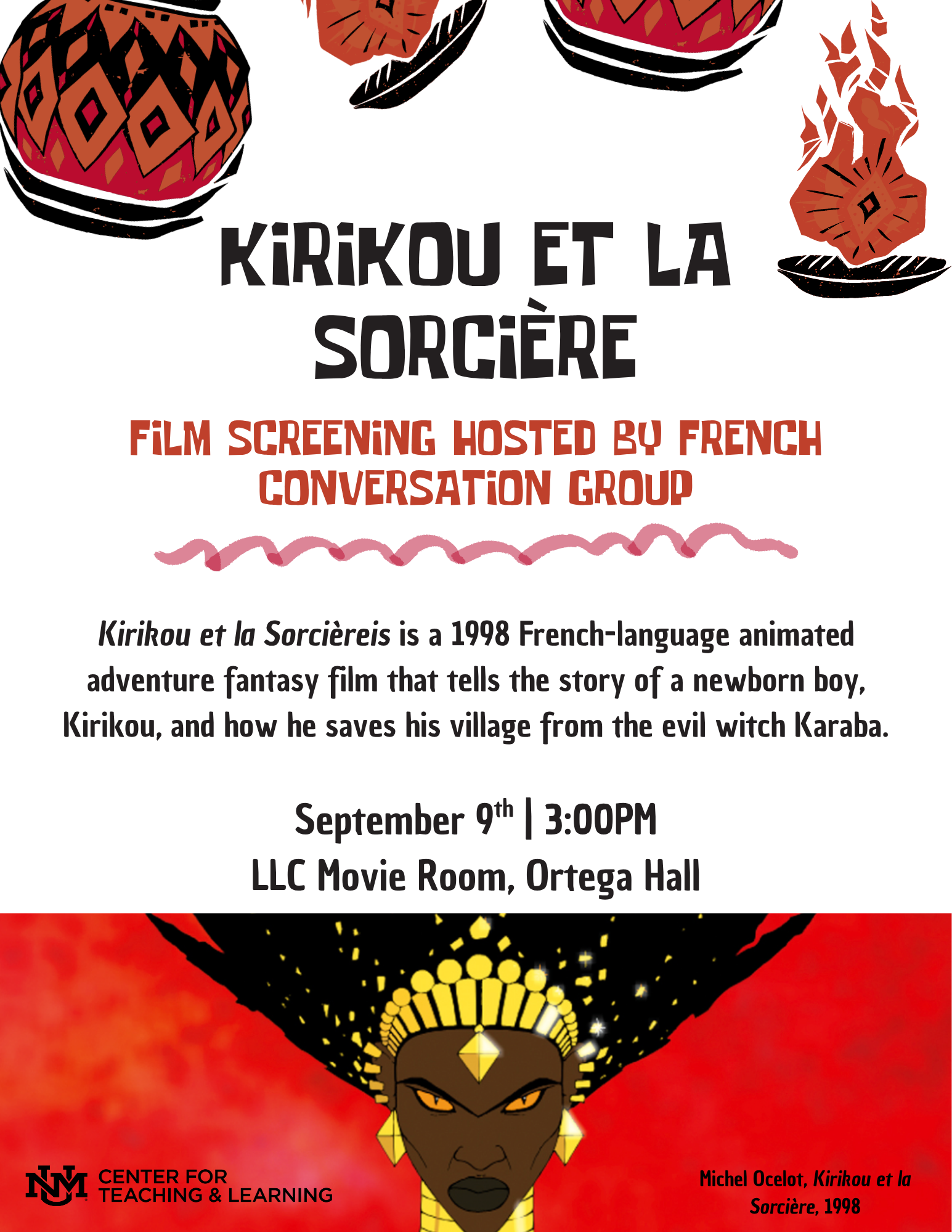 Flyer for a French Conversation Group screening of Kirikou et la Sorcière on September 9 at 3:00 PM in the LLC Movie Room, Ortega Hall. Features colorful African-inspired artwork and an illustration of the witch Karaba.